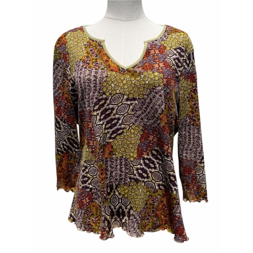 Tribal Women’s XL Multicolor Patchwork Paisley Mesh Top 3/4 Sleeve Boho Artsy